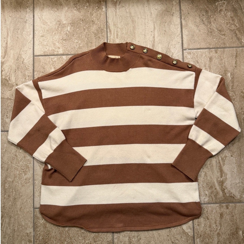 Marled Women XL Brown Cream Striped Mock Neck Gold Button Shoulder Sweater